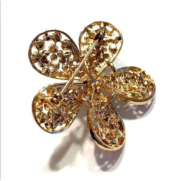 Flower power brooch goldtone & rhinestones encrusted pin clear and multicolor - Picture 3 of 4